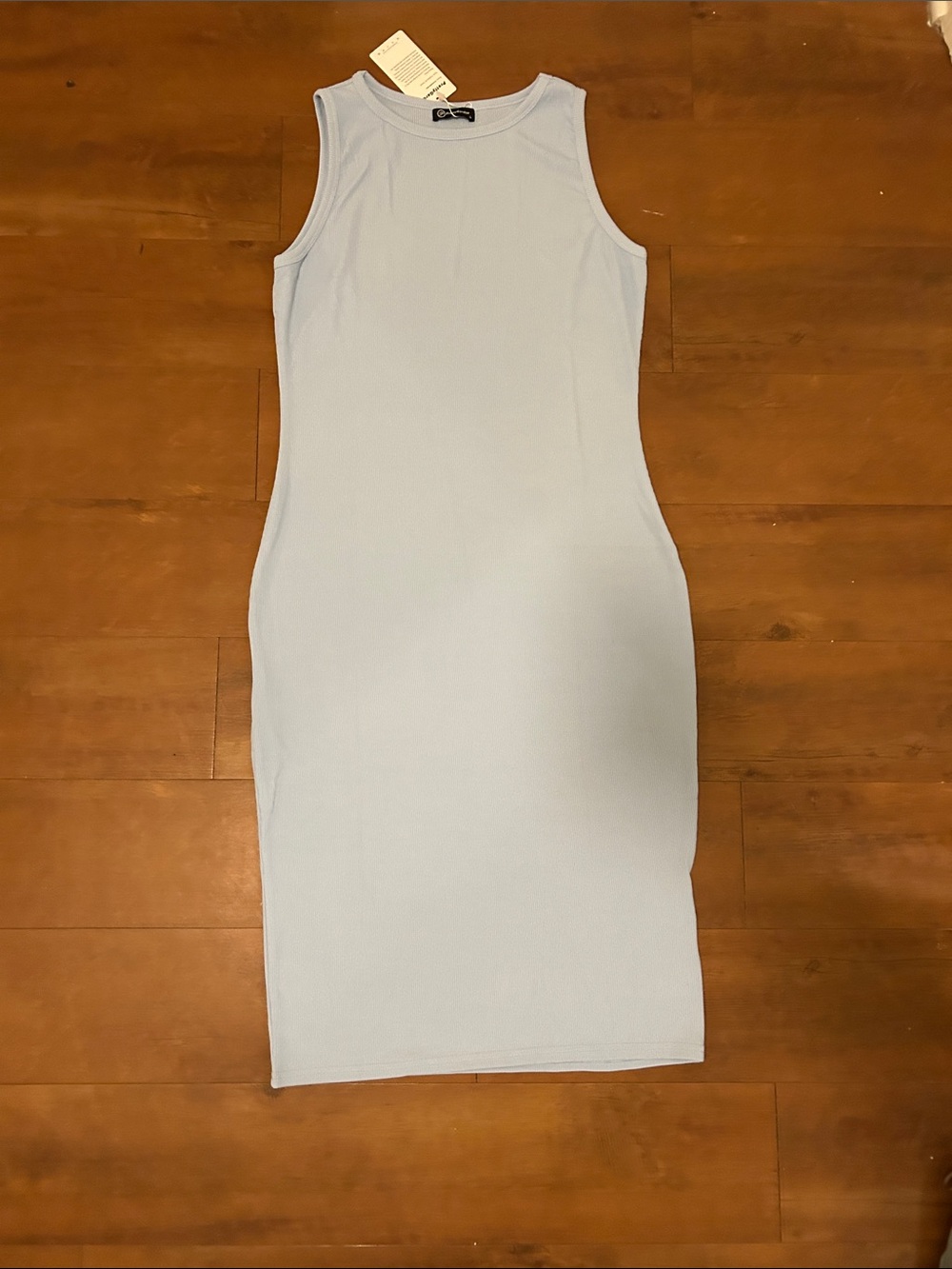 Sleeveless Light Blue Ribbed Midi Dress by